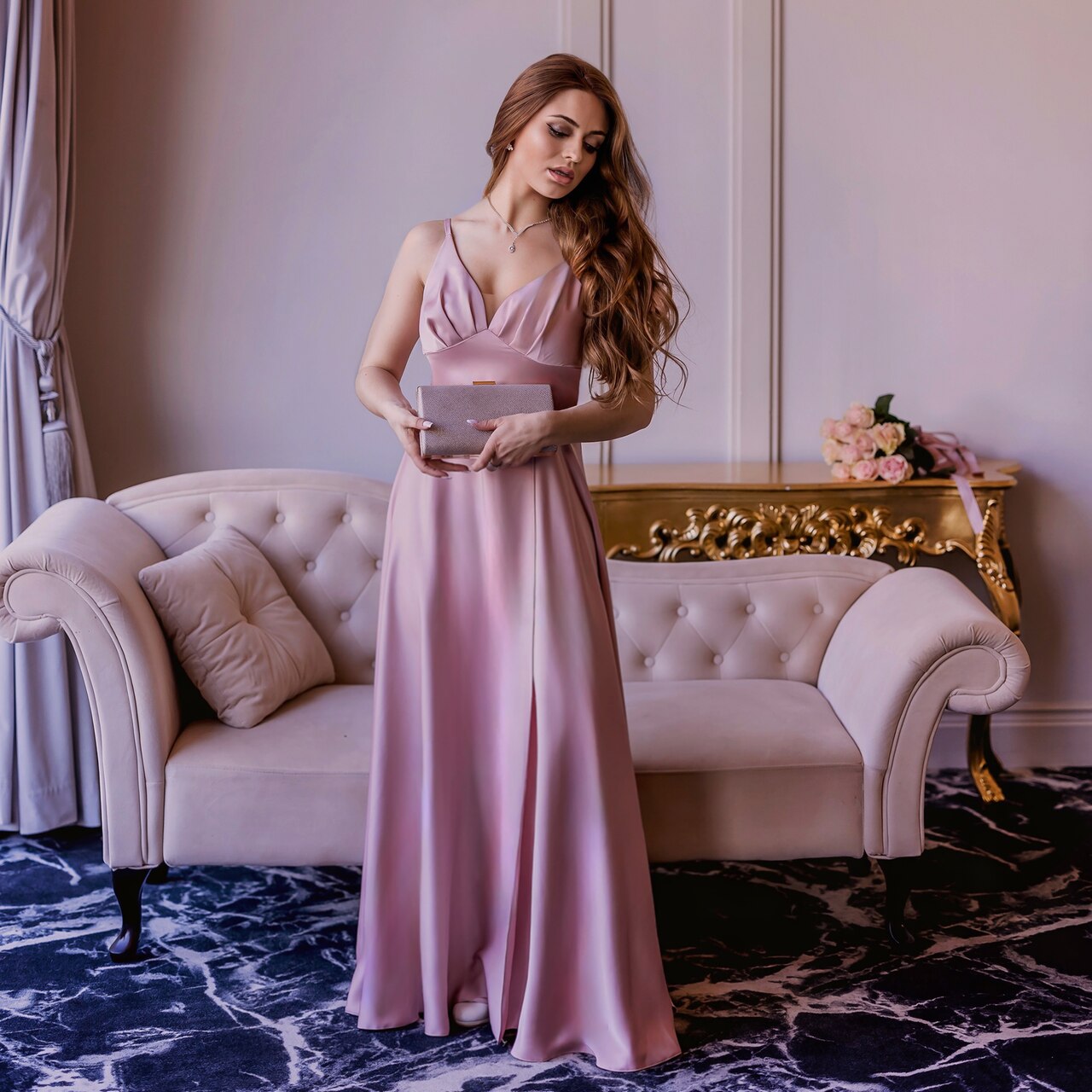 Suknia satynowa bridalstole pudrowy róż